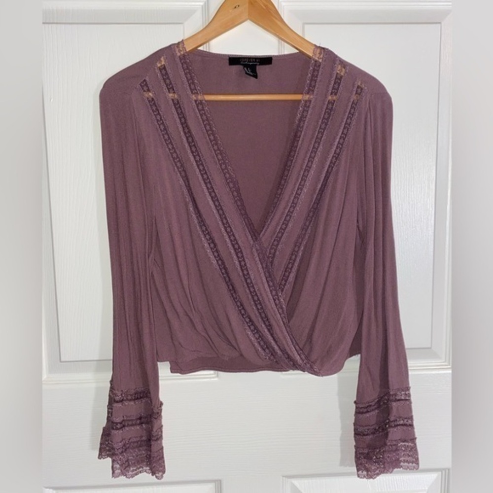 Forever 21 Purple Lace V-neck Bell Sleeve Crop Blouse, Contemporary